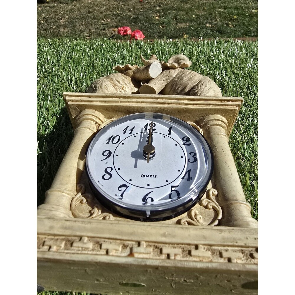 Standing Elephants Clock Mantle Free Standing Ivory Resin 10" Battery Operated - Picture 12 of 15